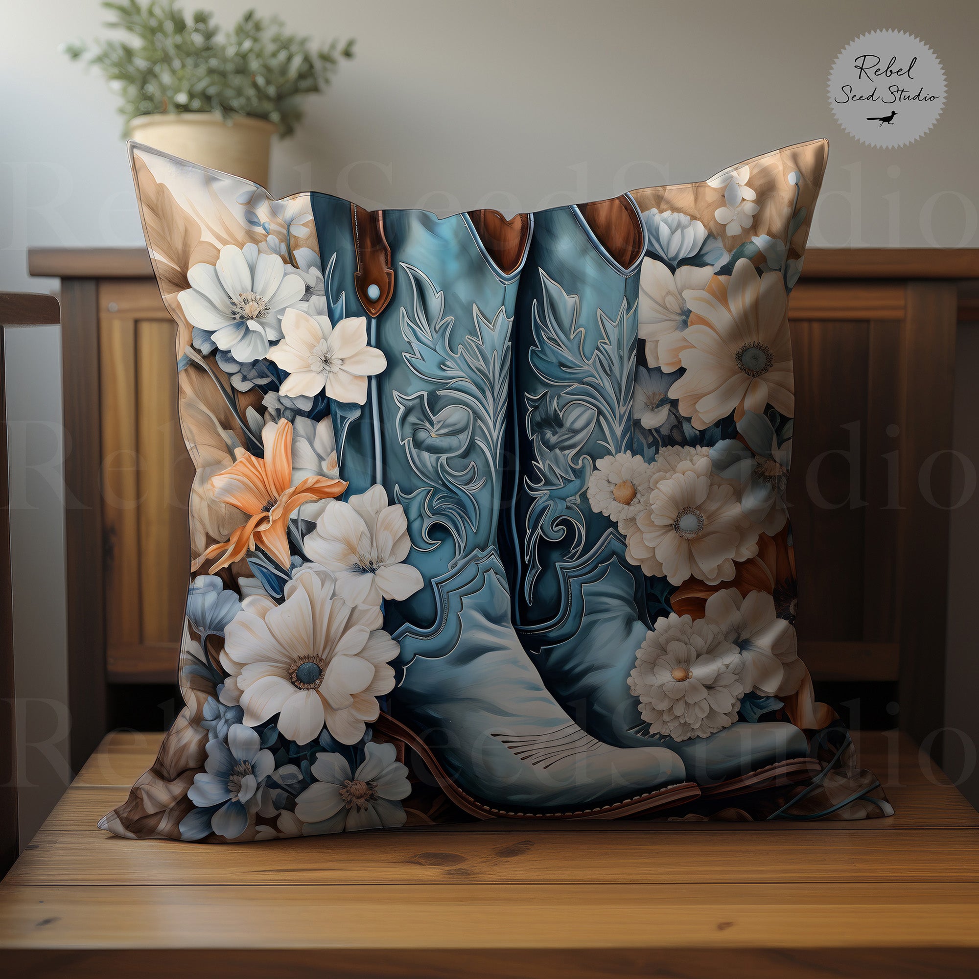 Blue Cowgirl Boots - Art Pillow (Throw Pillow)