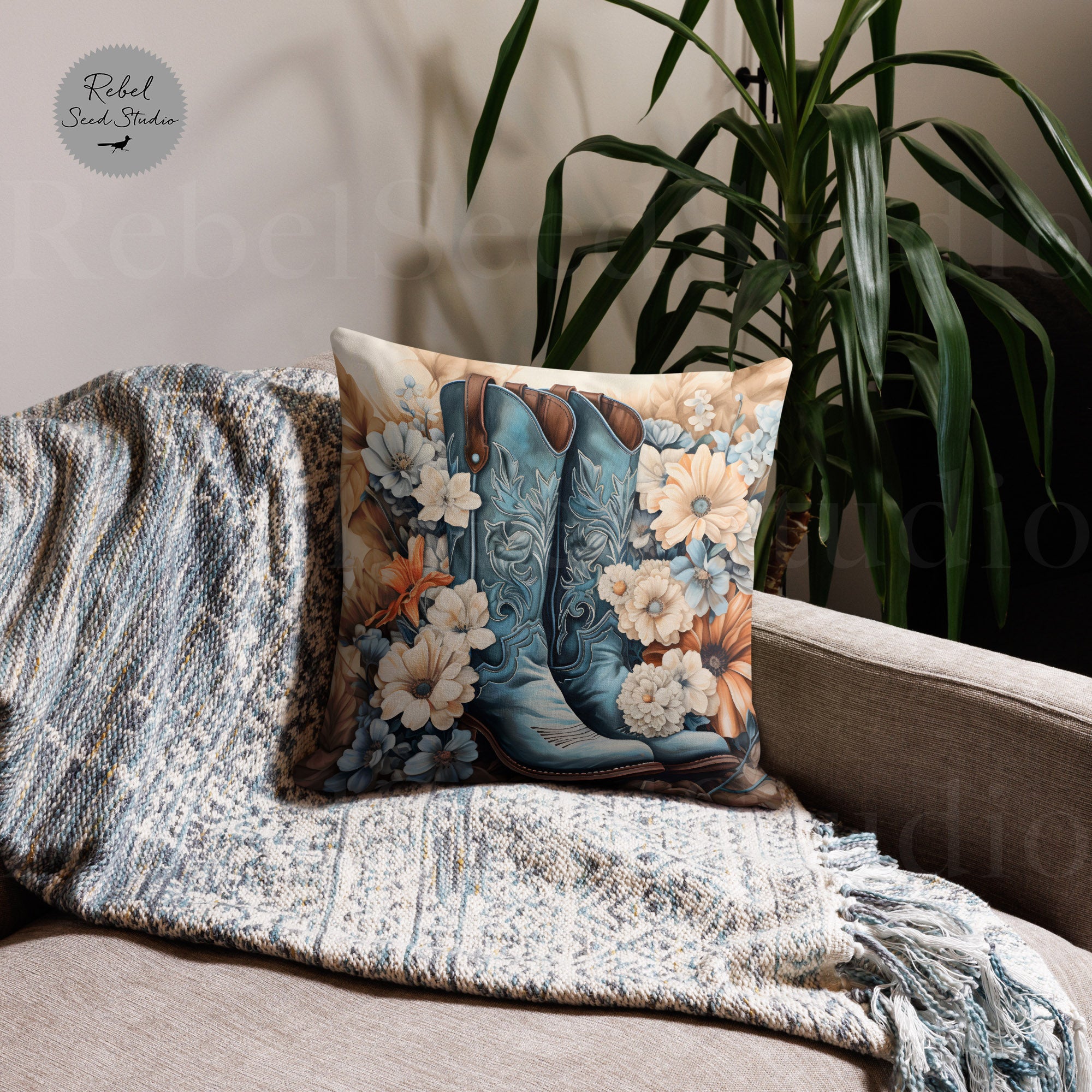 Blue Cowgirl Boots - Art Pillow (Throw Pillow)