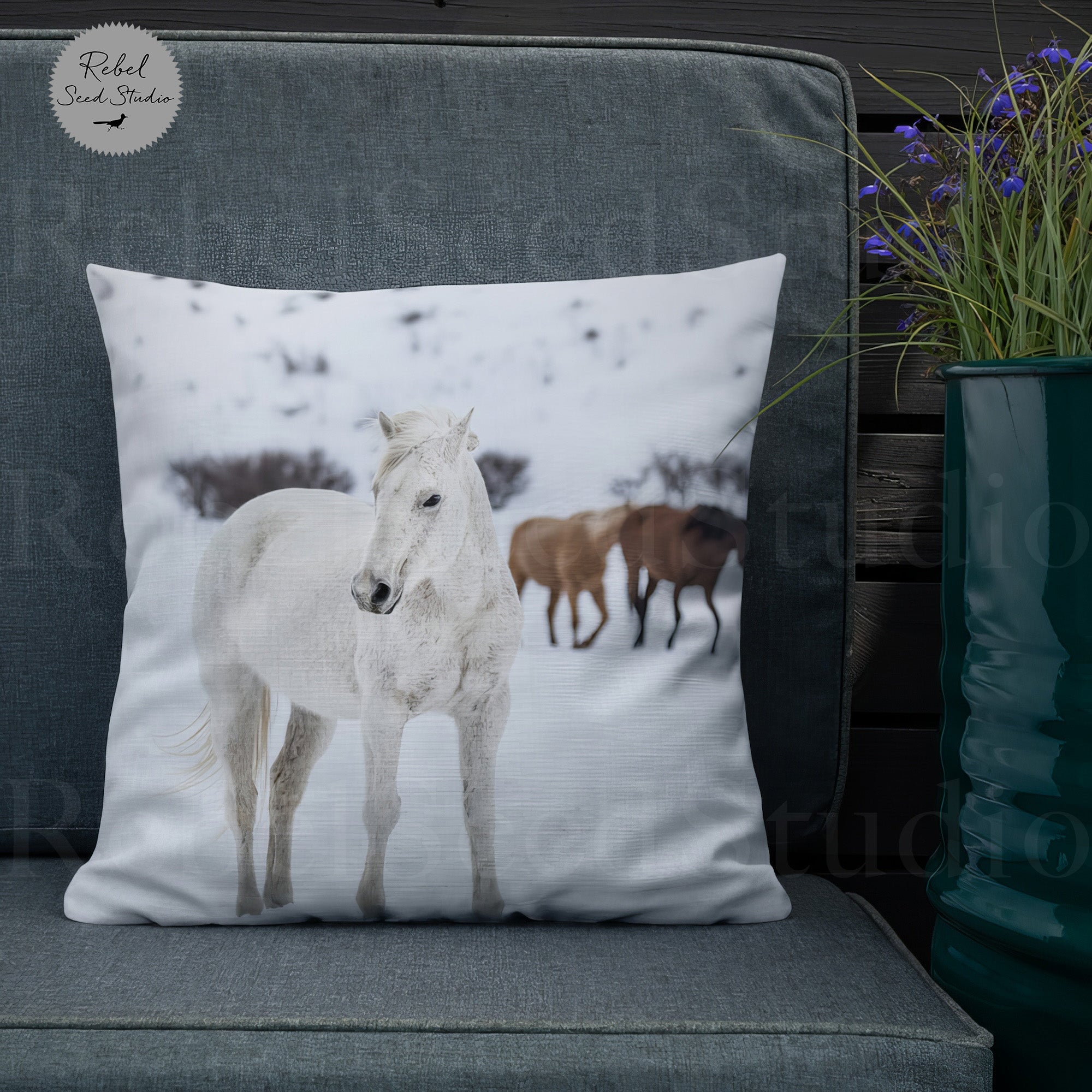 Curious Snow Horse - Art Pillow (Throw Pillow)