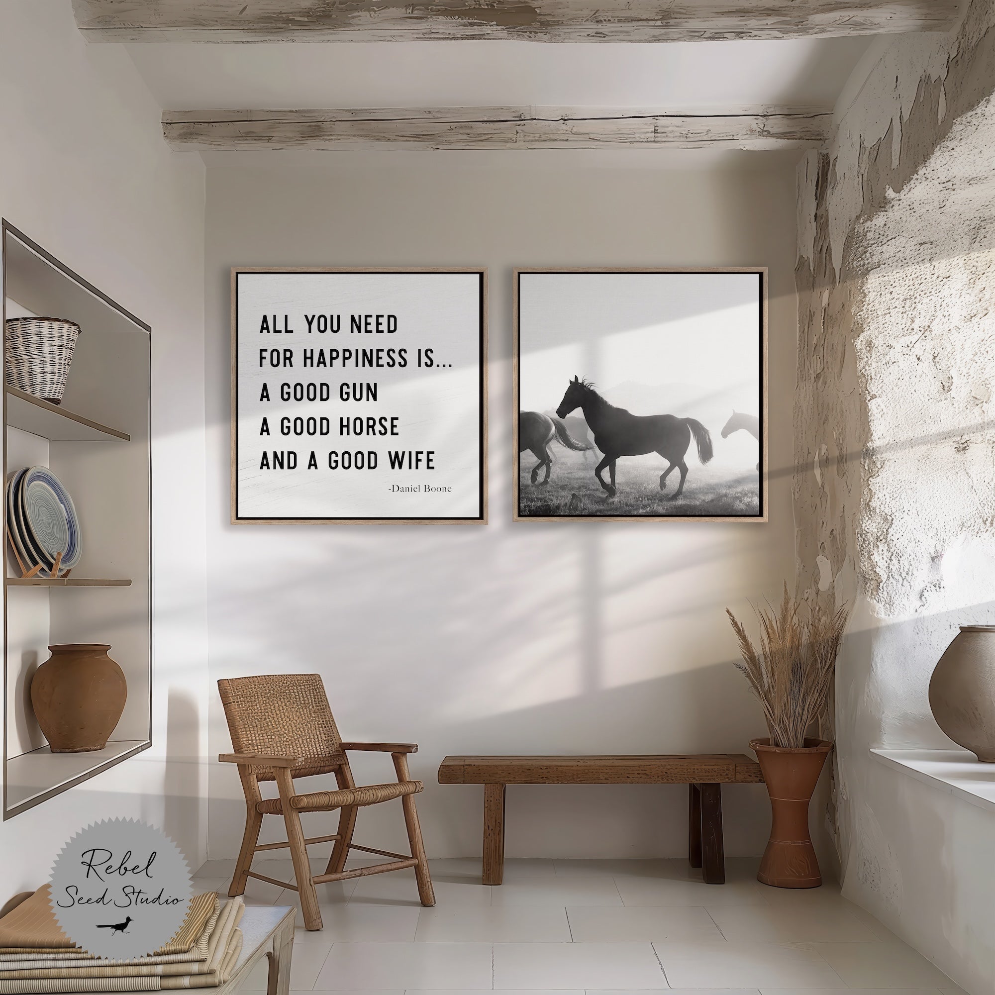 Horses | Daniel Boone Quote: All You Need For Happiness Is A Good Gun, A Good Horse & A Good Wife (Art Print Bundle)